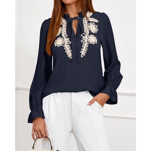 Womens Boho V Neck Ruffle Long Sleeve Floral Embroidered Blouse XS-XXL - Picture 7 of 8